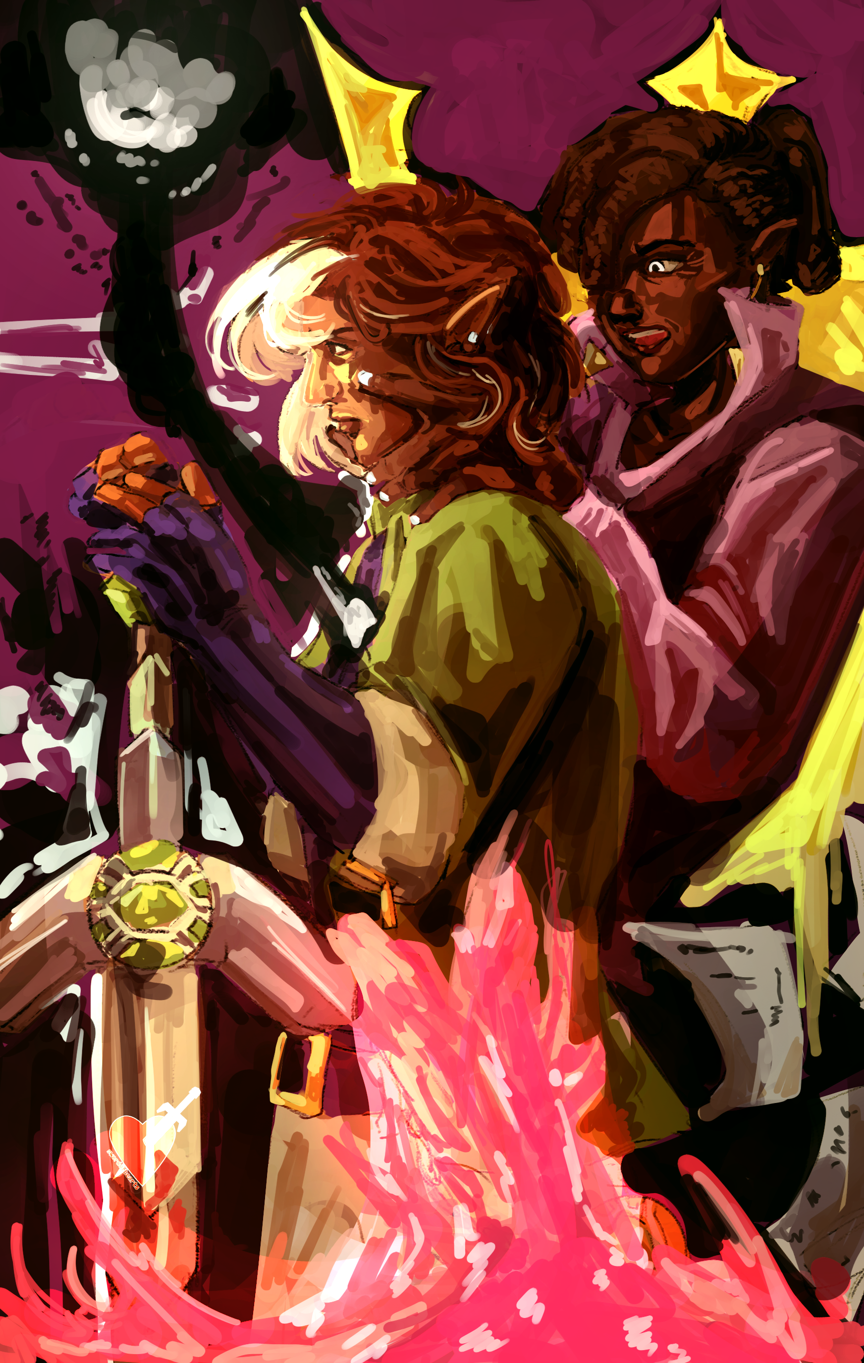 violet holding green's face, with green holding his sword